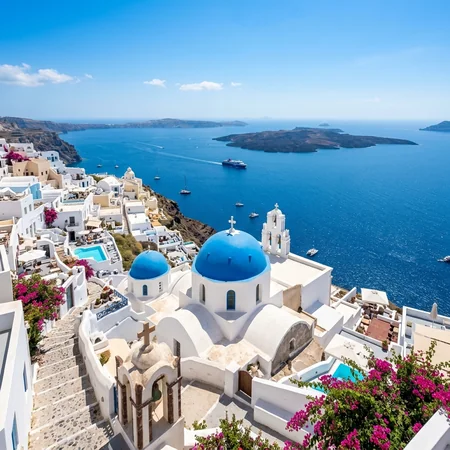 Santorini blue domes and sea
